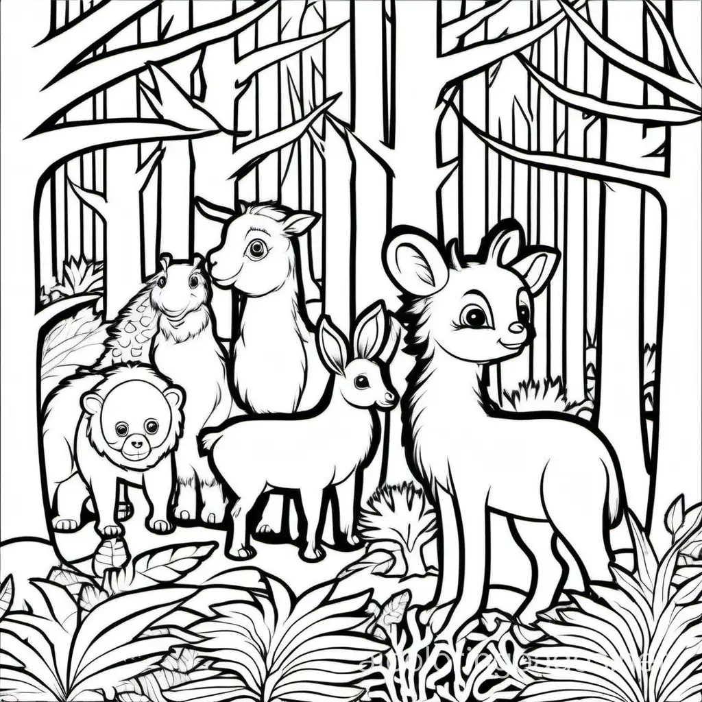 Animals in a forest, Coloring Page, black and white, line art, white background, Simplicity, Ample White Space. The background of the coloring page is plain white to make it easy for young children to color within the lines. The outlines of all the subjects are easy to distinguish, making it simple for kids to color without too much difficulty