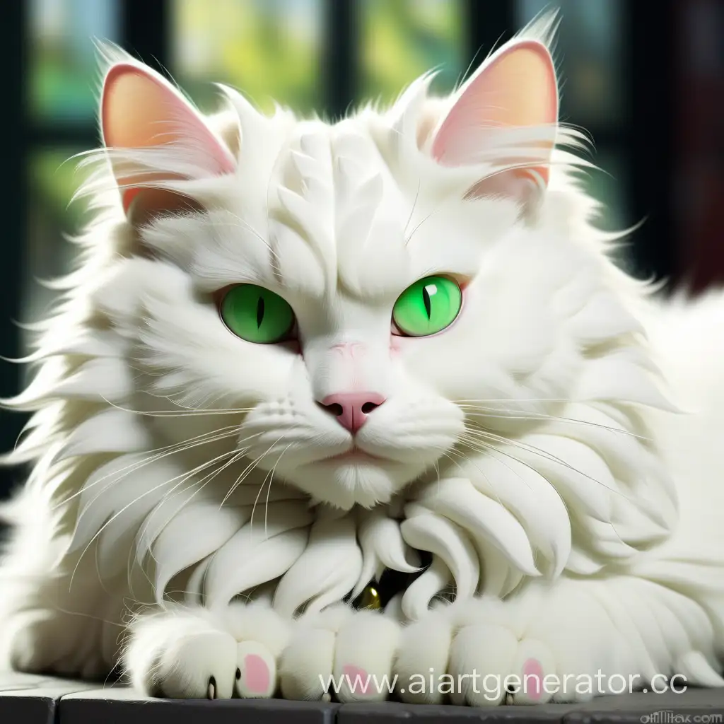 пушистый белый кот с зелеными глазами, 
