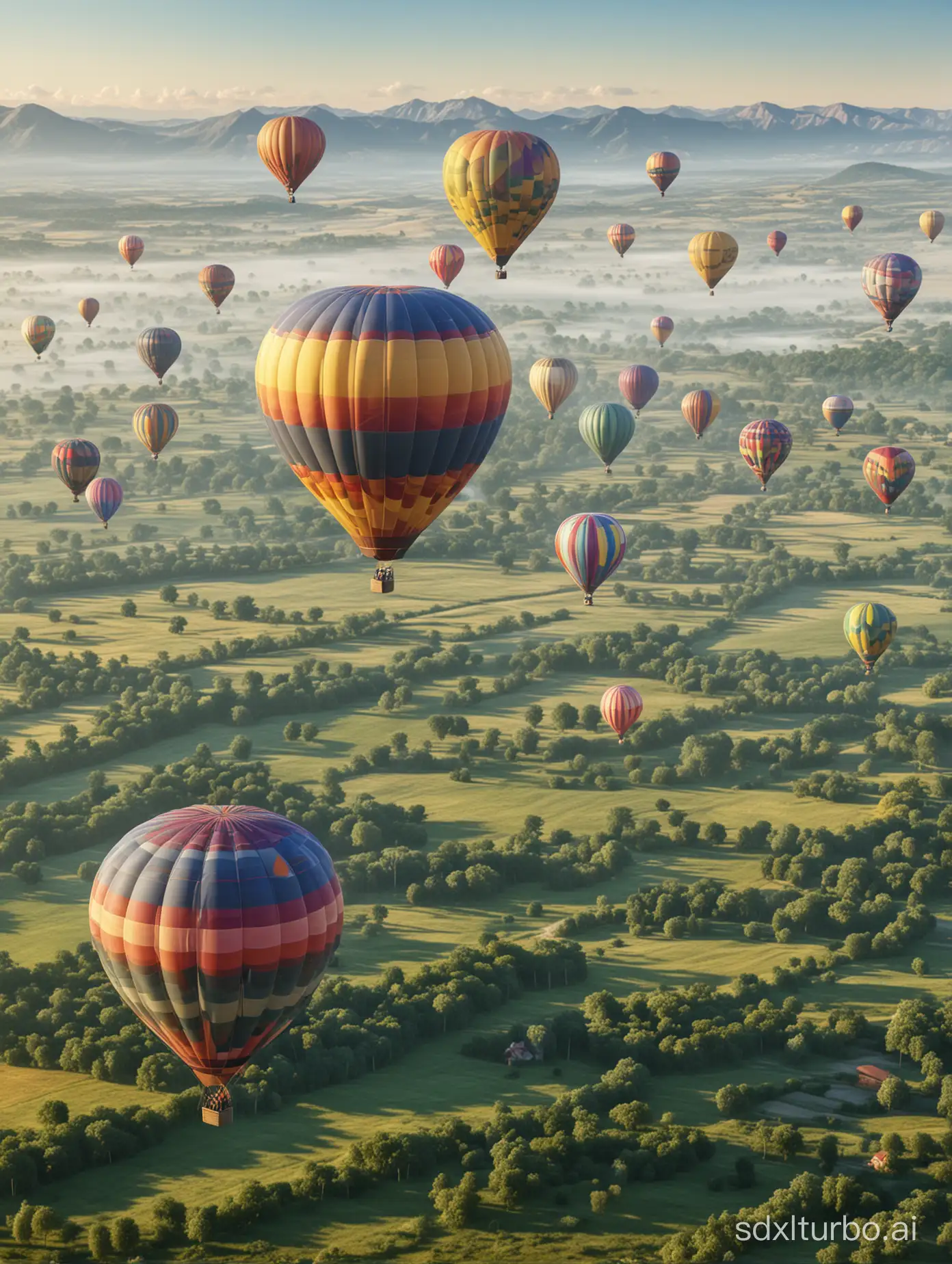 Colorful Hot Air Balloons Floating Over Lush Countryside Landscape Generated