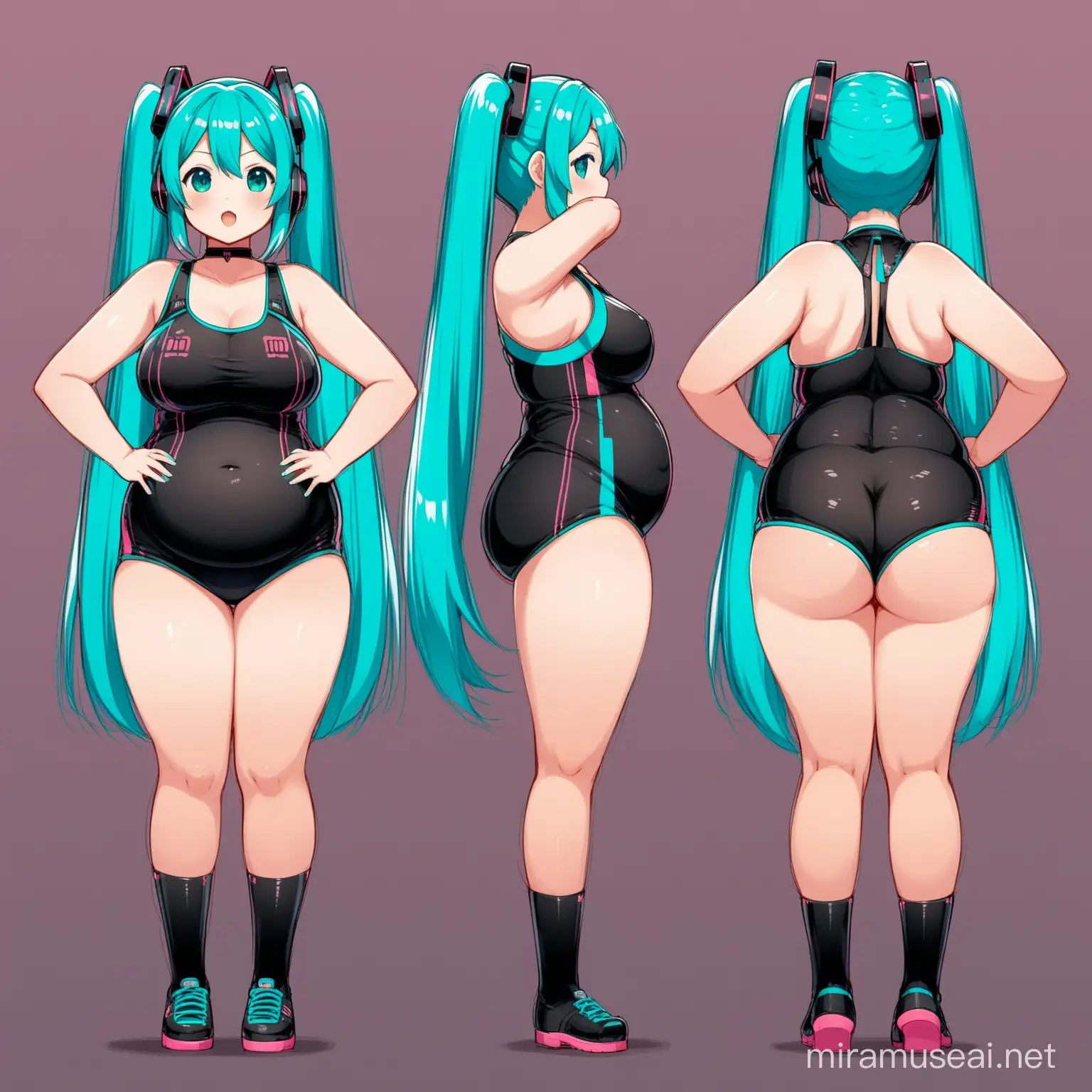 Chubby Hatsune Miku Character Design Sketches Front Side and Back View