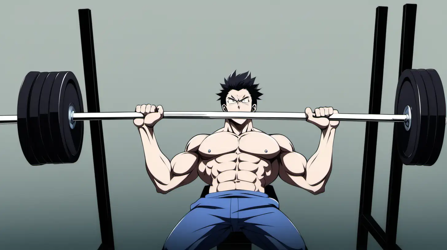 A man bench pressing a barbell, anime style