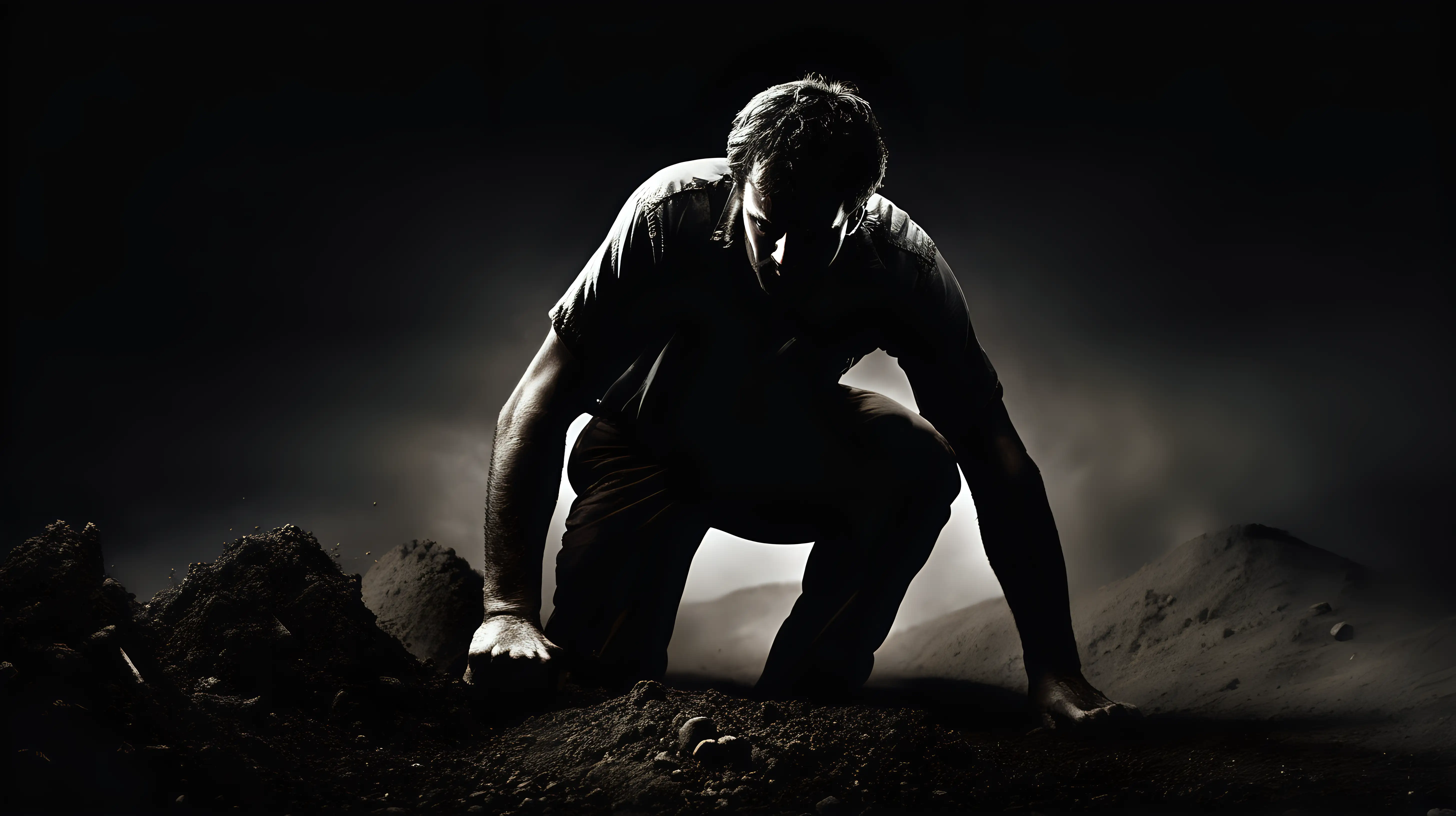 Struggling Man Pushing Through Darkness Determined Effort in Grit