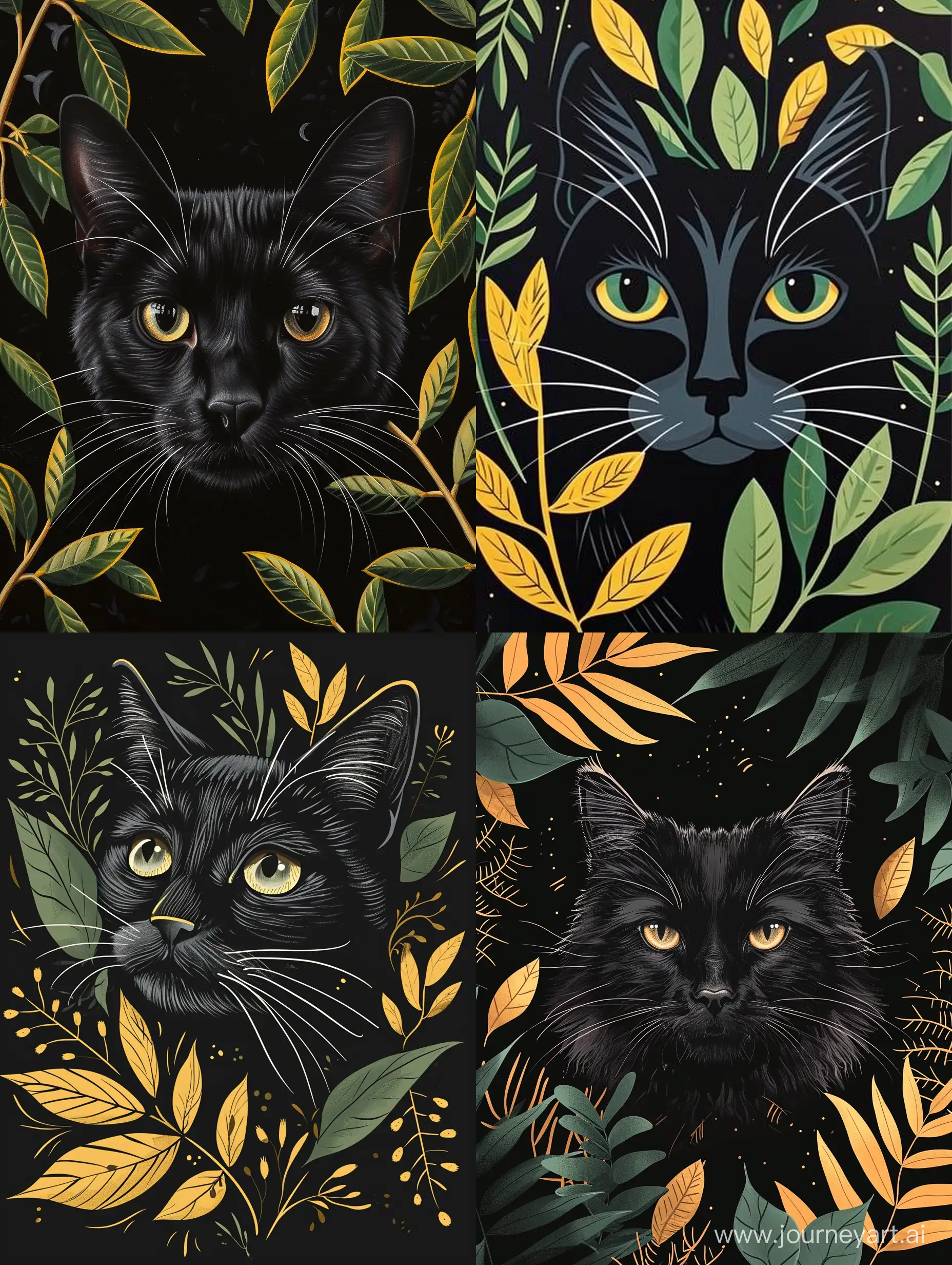Elegant-Black-Cat-Face-in-Fine-Art-Composition-with-Green-and-Yellow-Leaves