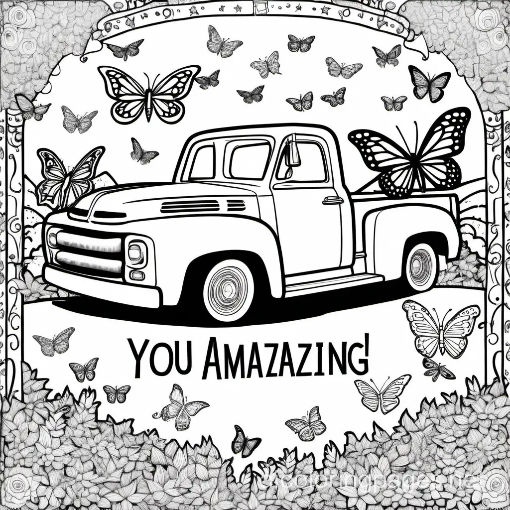 Inspiring-Message-on-Vintage-Pickup-Truck-Surrounded-by-Wizards-and-Butterflies-Coloring-Page