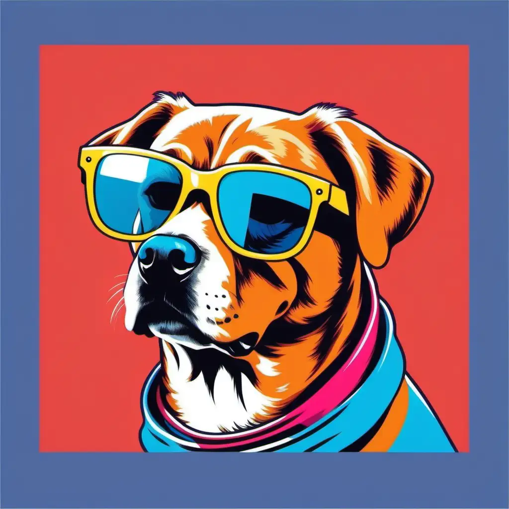 pop art style, dog, sunglasses, flat vector, colorful, isolated on a white background, surrounded by square