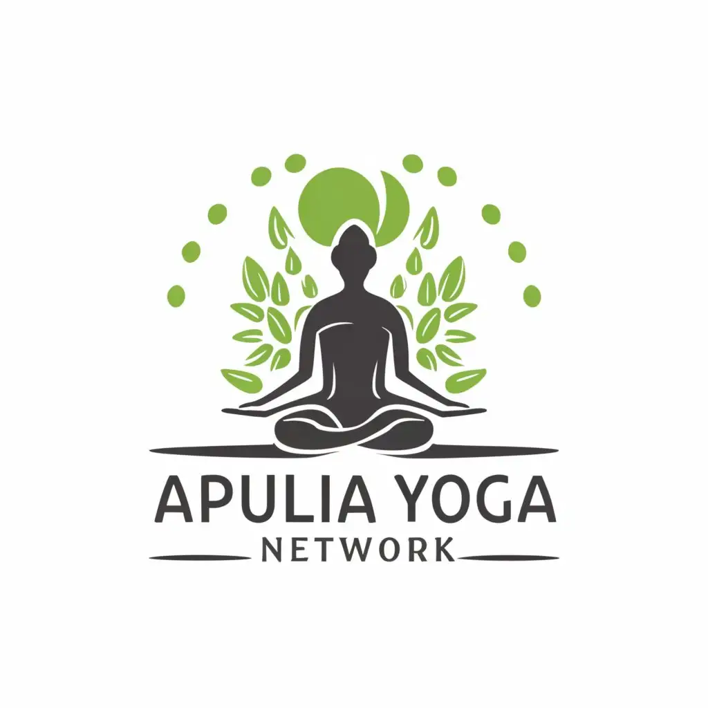 a logo design,with the text "Apulia Yoga Network", main symbol:a yogi in lotus position, an olive tree and a trullo,Minimalistic,be used in Sports Fitness industry,clear background