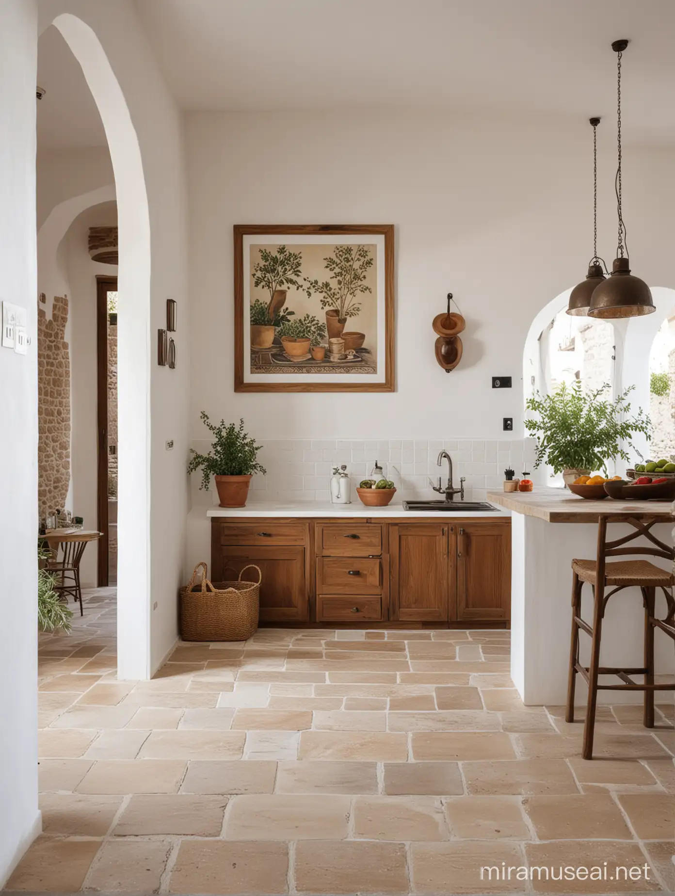 Wooden framed painting, on white wall, ratio 1:1, Mediterranean kitchen, stone floor