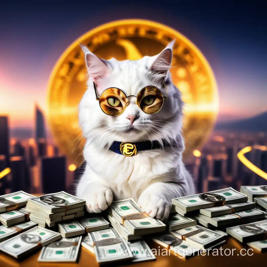 Кот в очках,много денег,криптовалюта,богатство,красивый фон
