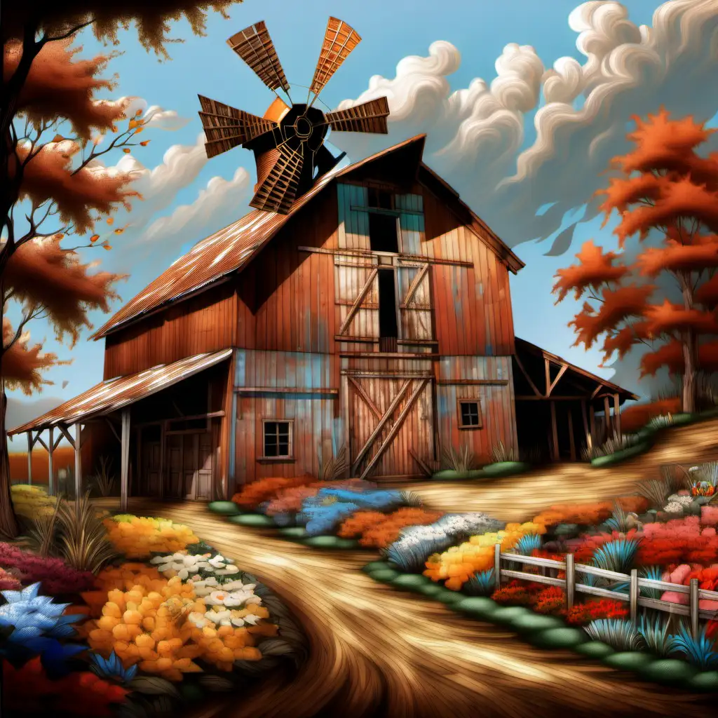 Rustic Wooden Barn and Farmhouse with a Windmill Hyperrealistic Countryside Landscape