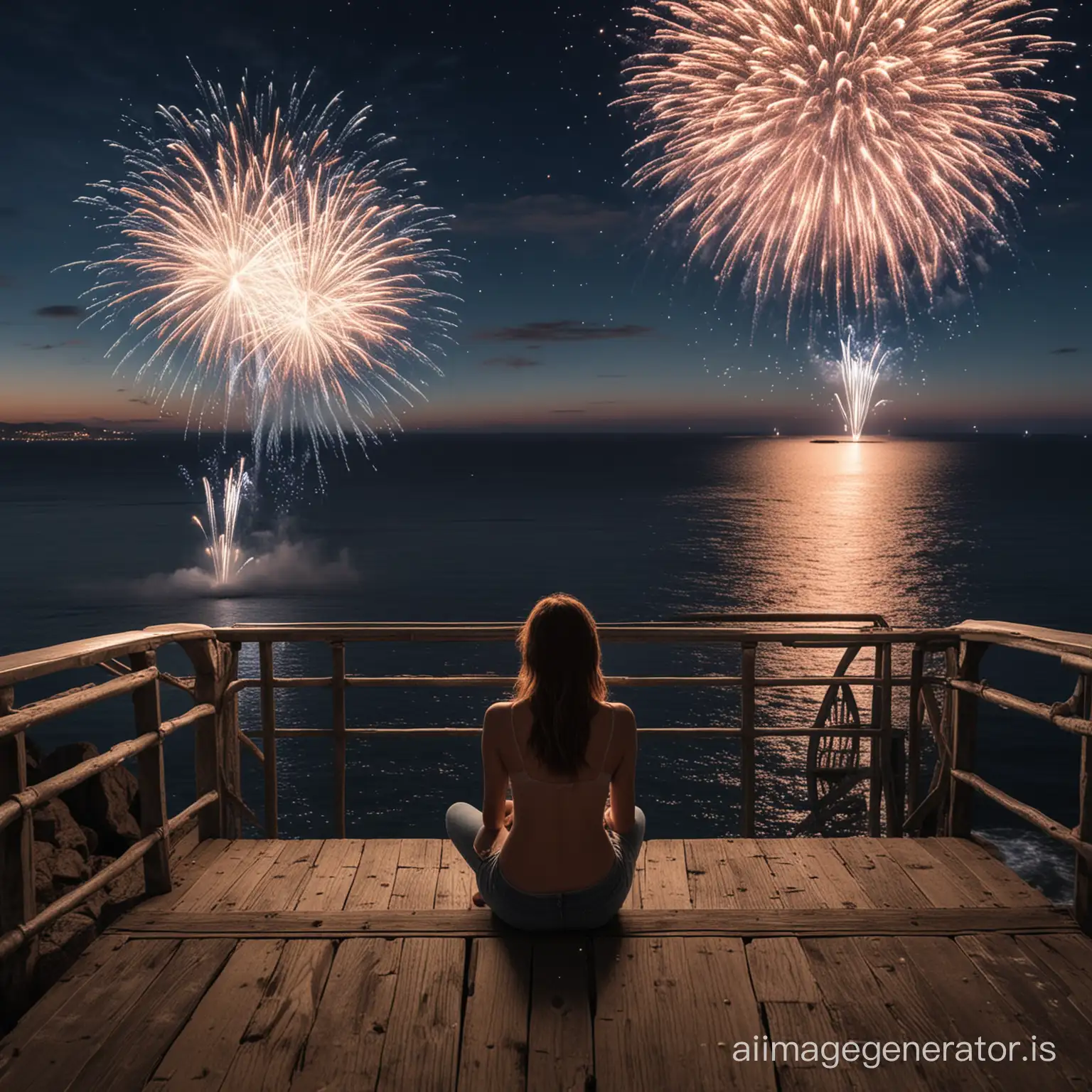 Awoman is sitting on bridge,down by the sea in front of a breathing view,fireworks in the sky