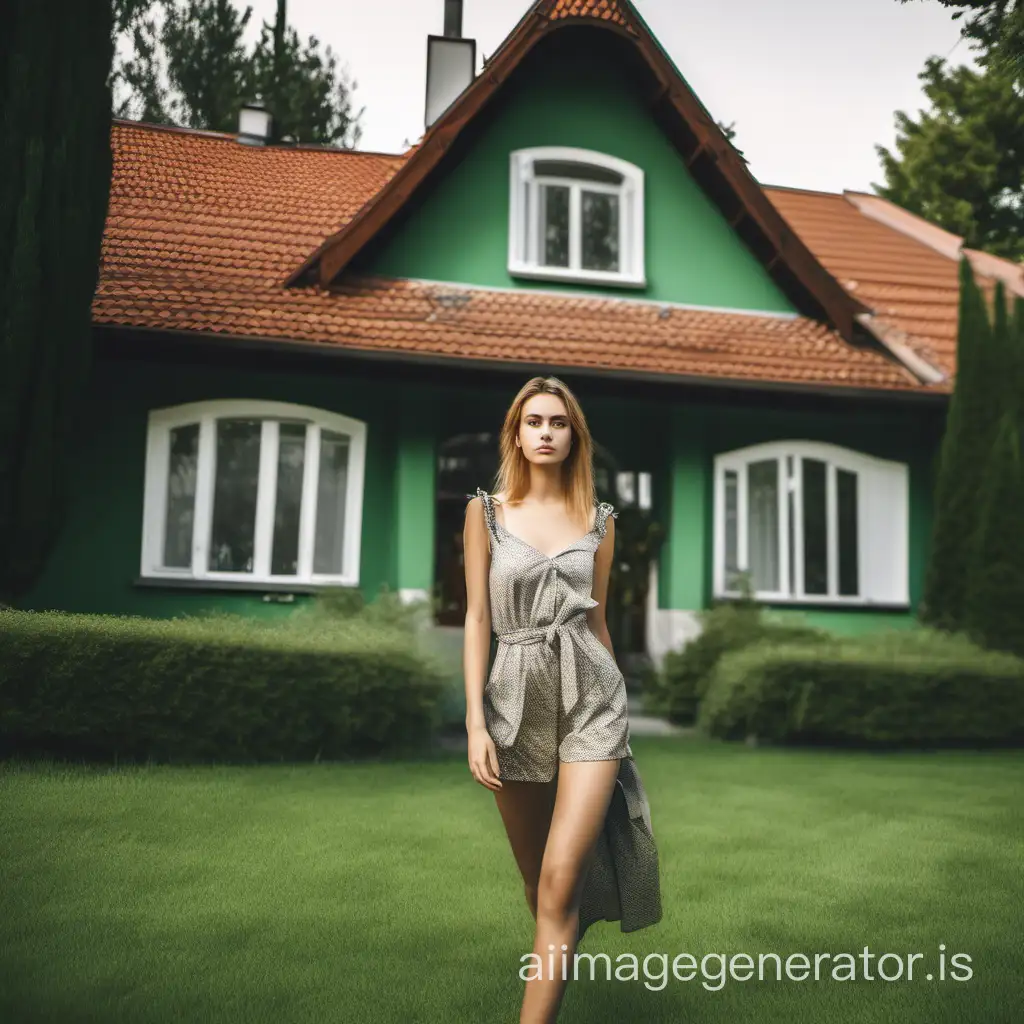 European-looking girl, 8K resolution image, non-cartoonish appearance, real person, Instagram, model near the house against a green lawn