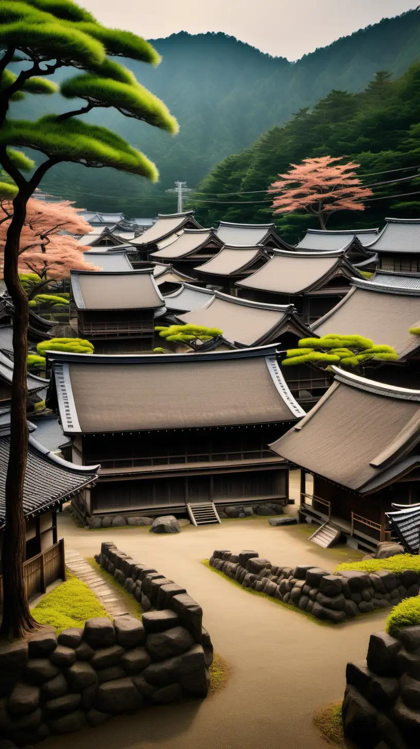 Historical 17th Century Japanese Village Scene with Flourishing Trees