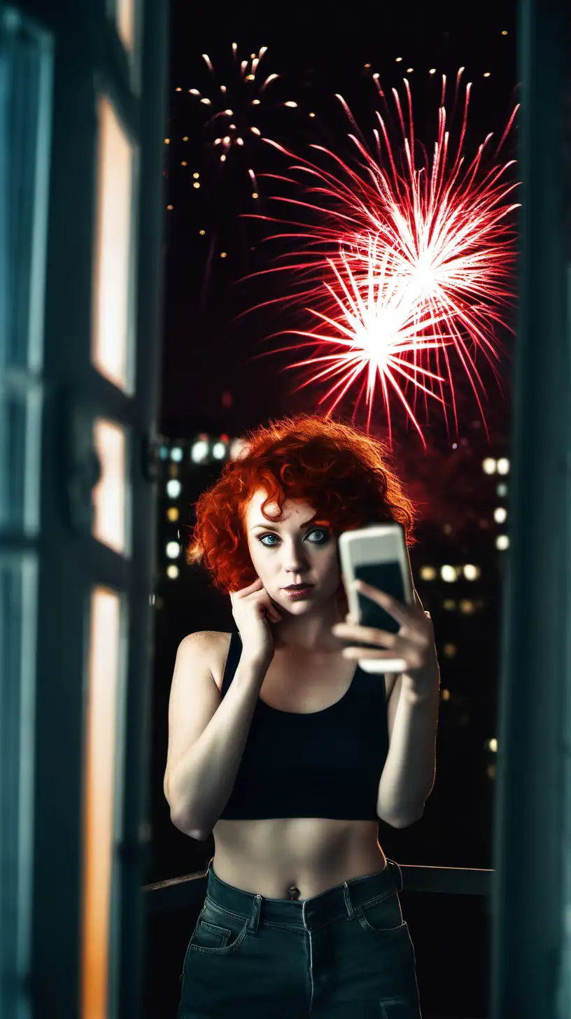 red head 23 year girl , short curly hair ,  1.65 m high , 60kilo , standing in front of here window  taking selfies from while staring outside only wearing a  t-shirt  , reflection of the fireworks in a dark perfect lightning room , photo taken with a Canon d850 on new years eve