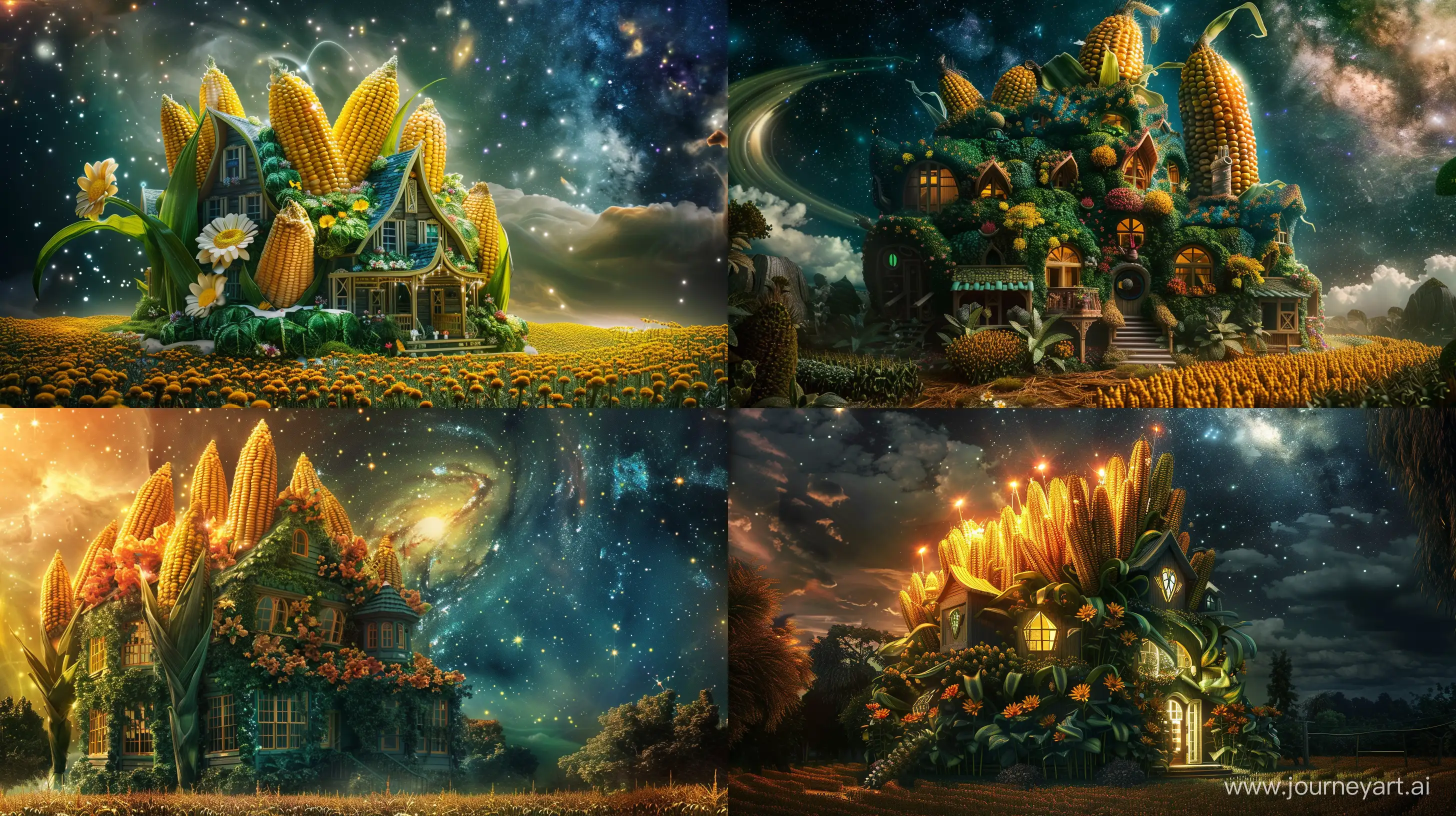 big house in the shape of corn and flower, in the galaxy, fantasy style, realistic --ar 16:9