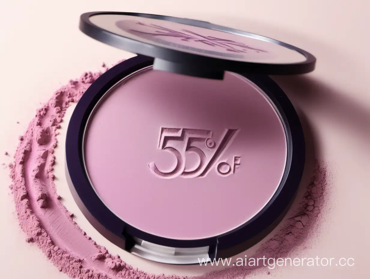 на косметической открытой пудре с зеркальцем тиснение "5%" (поворот к камере 45 градусов) в фиолетово-розовых тонах
