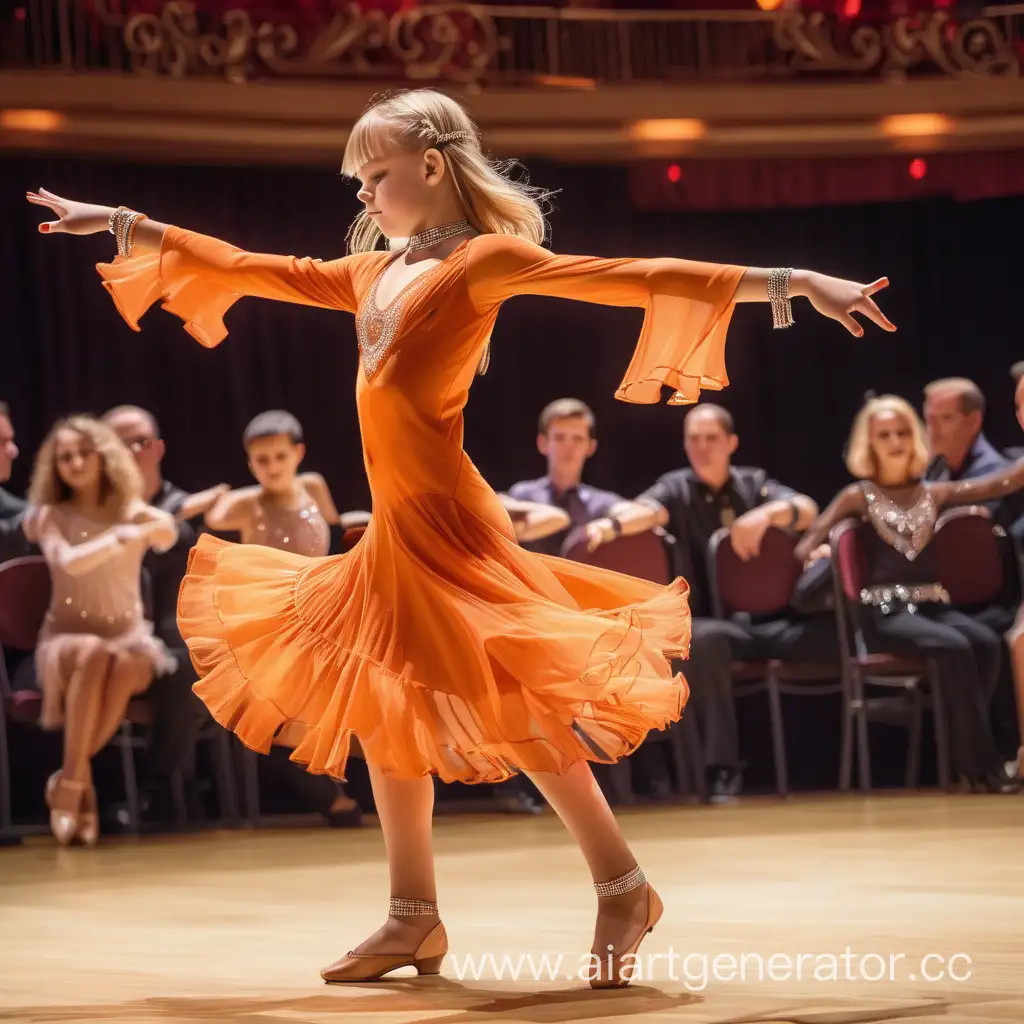 Девочка 14 лет со средними русыми волосами, в бальном коротком оранжевом платье латино с кистями и длинным рукавом, с браслетами, в туфлях для бальных танцев, танцует бальные танцы одна на большой сцене, где много зрителей повёрнутая спиной