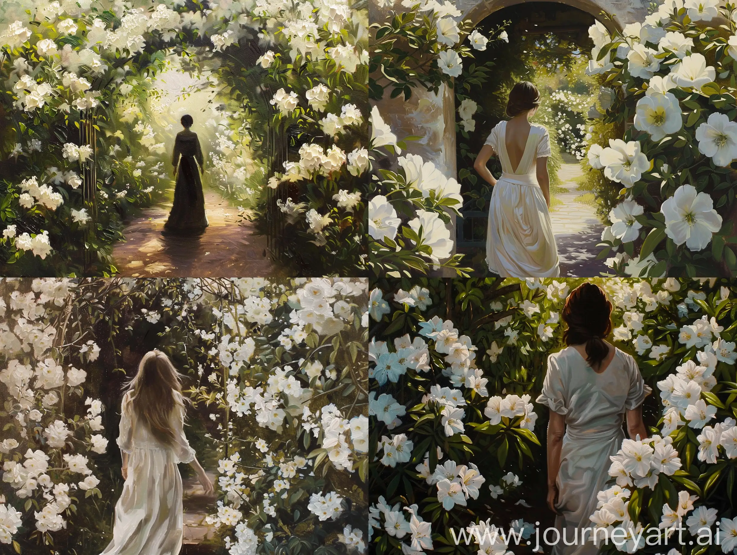 stunning vintage style oil painting, of a woman entering a secret French garden, filled with white flowers, Cinematic realism, --ar 4:3