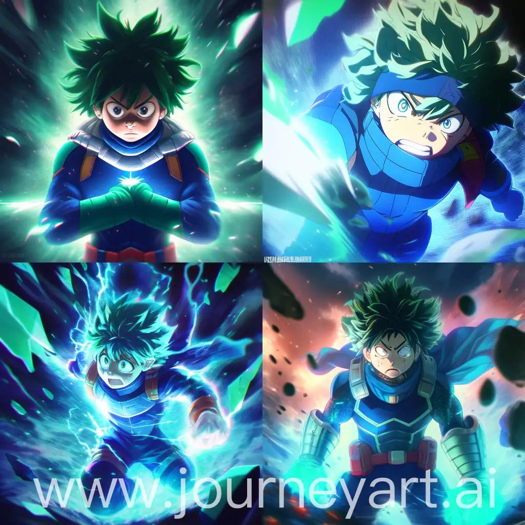 My Hero Academia's Deku, cyan blue floating hair, green hero costume, cyan diffusing scarf covering mouth, intense cyan eyes, battle-worn attire with tears, enveloped in dark blue energy aura, aesthetically pleasing backdrop, 32k ultra high definition, authentic Japanese anime art style 