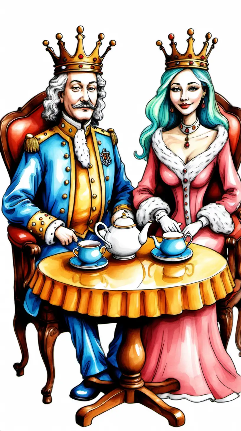 Make a colourful sketch of king and queen they are sitting in a chair or a wood table of teapot and tea cup between them.