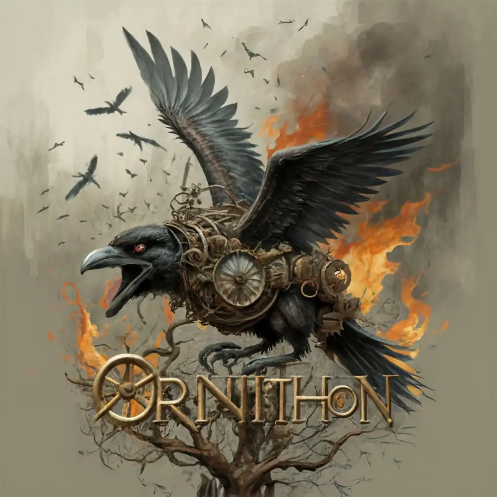 Logo-Design-For-Ornithon-Steampunk-Raven-Symbolizing-War-and-Chaos-with-Typography