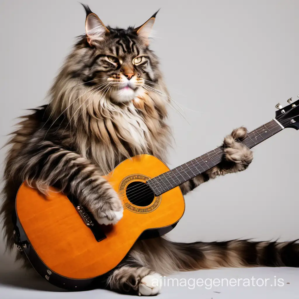 a lazy Maine coon cat playing guitar
