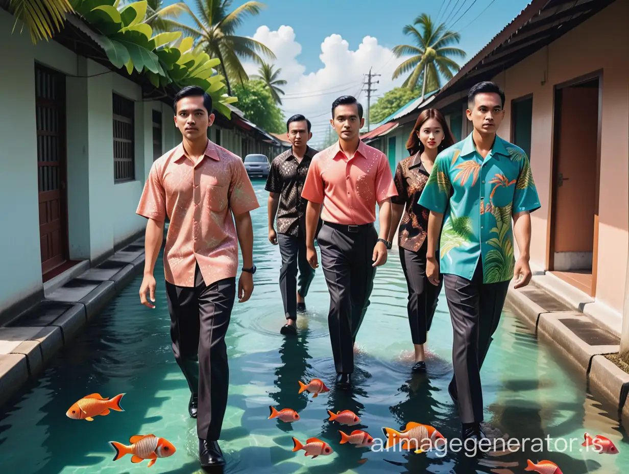 Streets under water, group of Indonesian employees in batik clothes and black shoes going to the office together, absurd plot, facial details, coral reef and tropical fish background, Photorealistic work by David Lopresti.