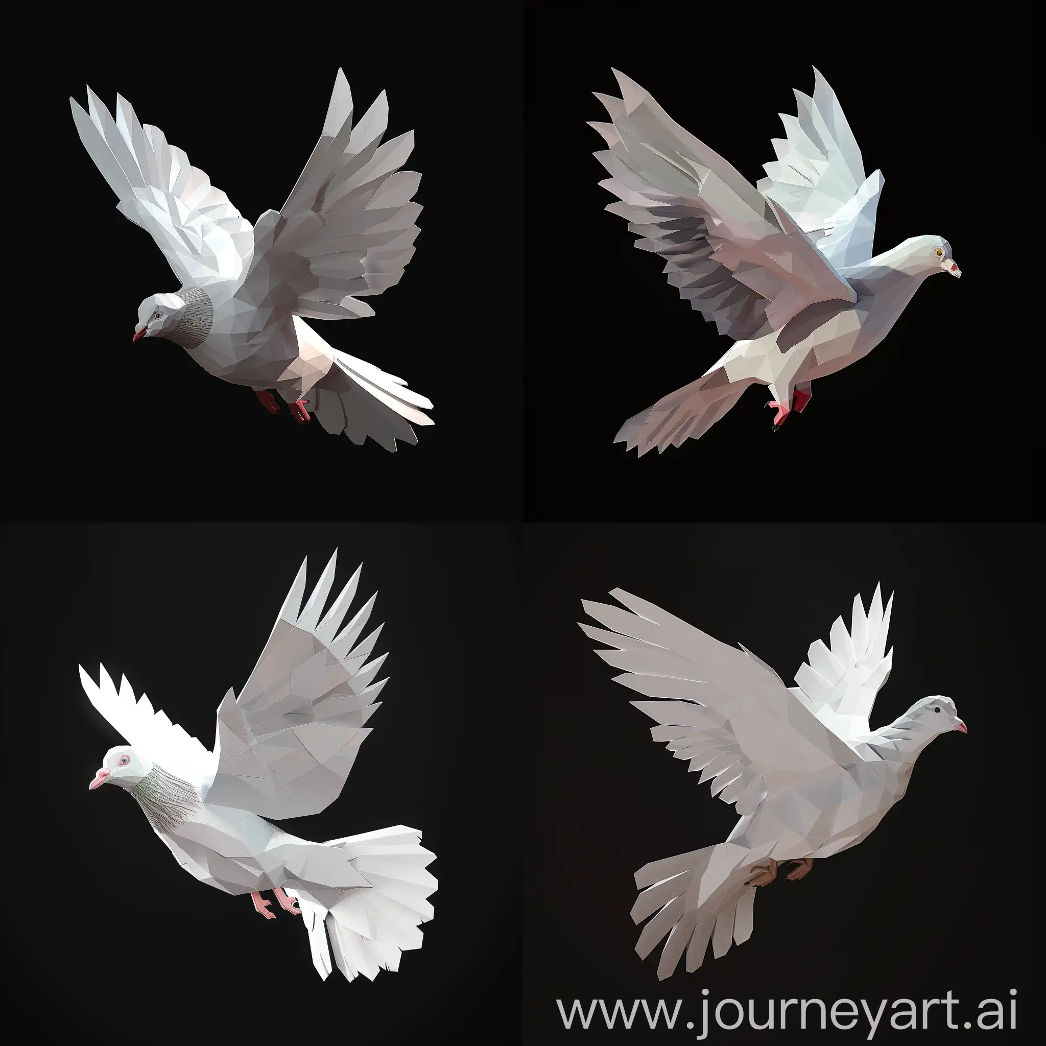 low poly flying white pigeon bird, 3d isometric render, black background, ambient occlusion, cinema 4d low poly render, unity engine