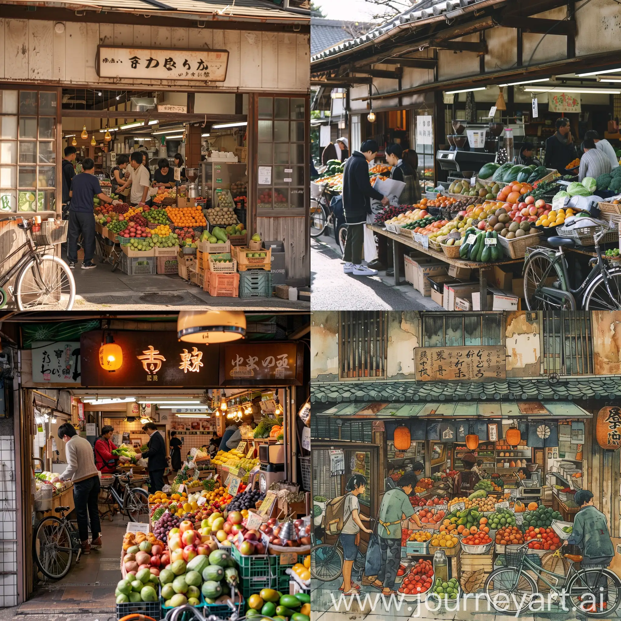 菜市场中有很多人在卖水果和蔬菜，其中有一个日式咖啡店，店里有个人正在坐手冲，门口停着一辆自行车