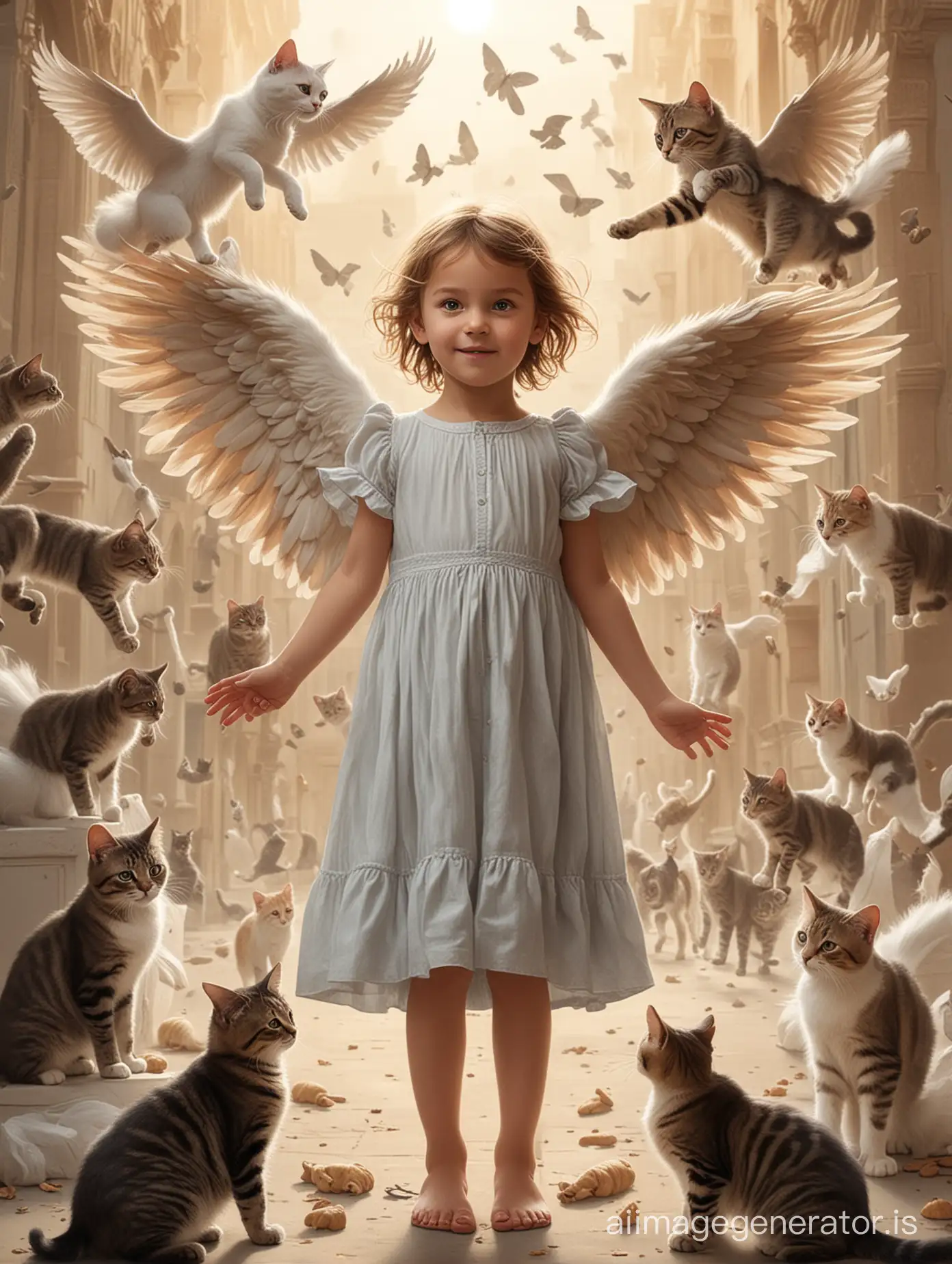 A child has wings and surrounded by cats