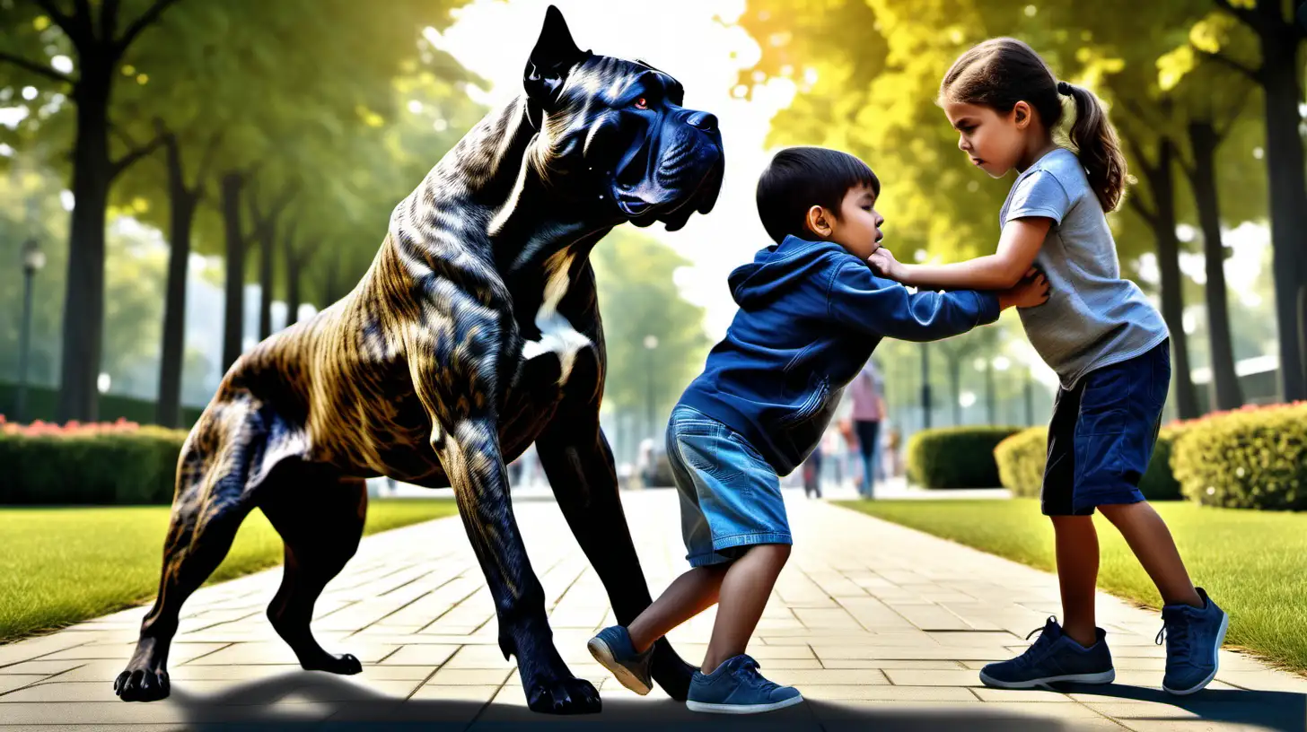 Create an imaginative and vivid image depicting a black brindle, cane corso defending a child from an attacker. The dog should be in a crouched position, teeth bared. This should be a realistic and detailed public park. The overall atmosphere should convey a sense of danger. UHD 