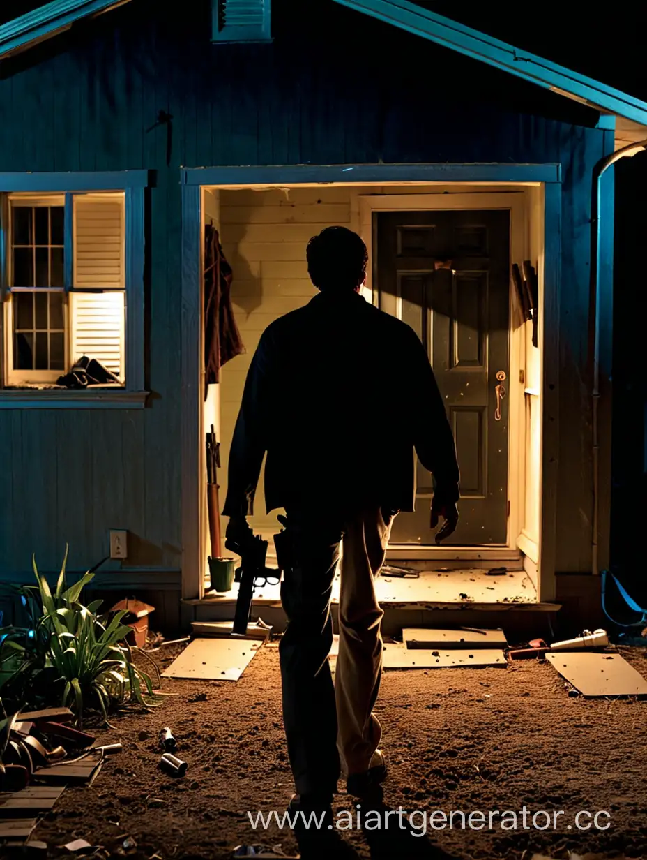 a man walks through a house at night with a gun in his hand