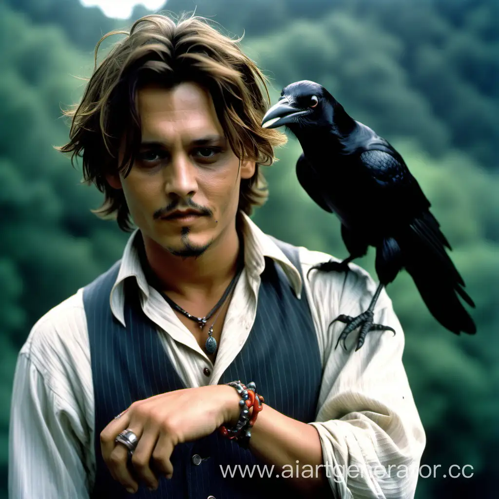 Vintage-Style-Portrait-Young-Johnny-Depp-with-a-Crow