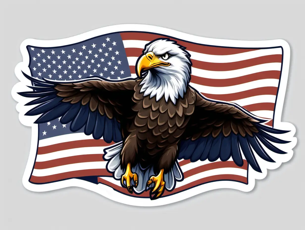 /imagine prompt:bald eagle behind American flag, Sticker, Excited, Muted Color, Digital Art, Contour, Vector, White Background, Detailed
