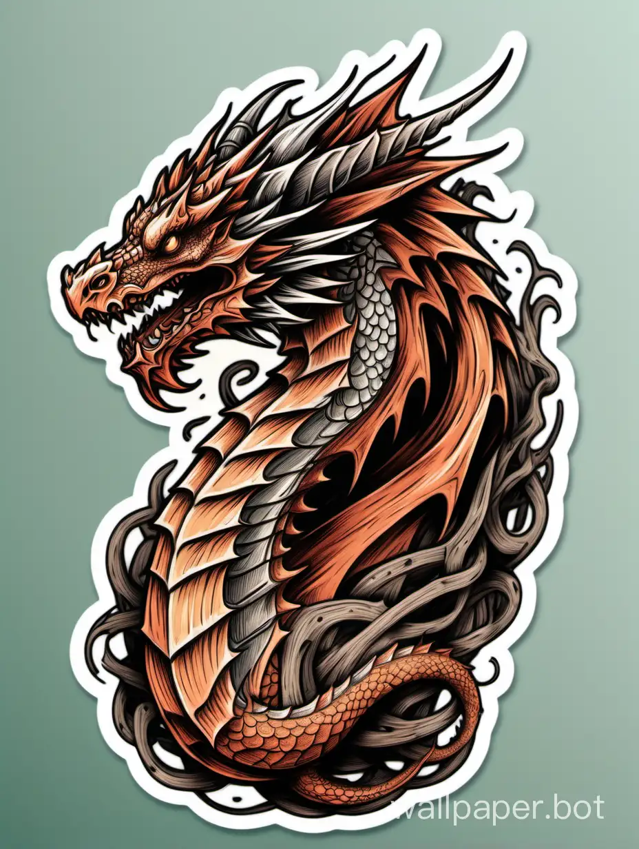 Dragon head wrapped around its own body, pencil lineart, crazy wood color palette, high contrast, sticker style
