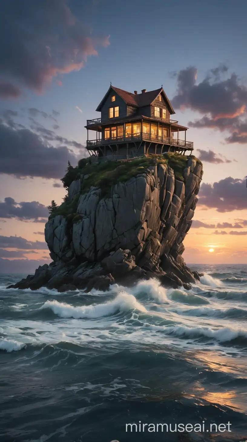 Solitary House on Rocky Outcrop Amidst Twilight Ocean Waves