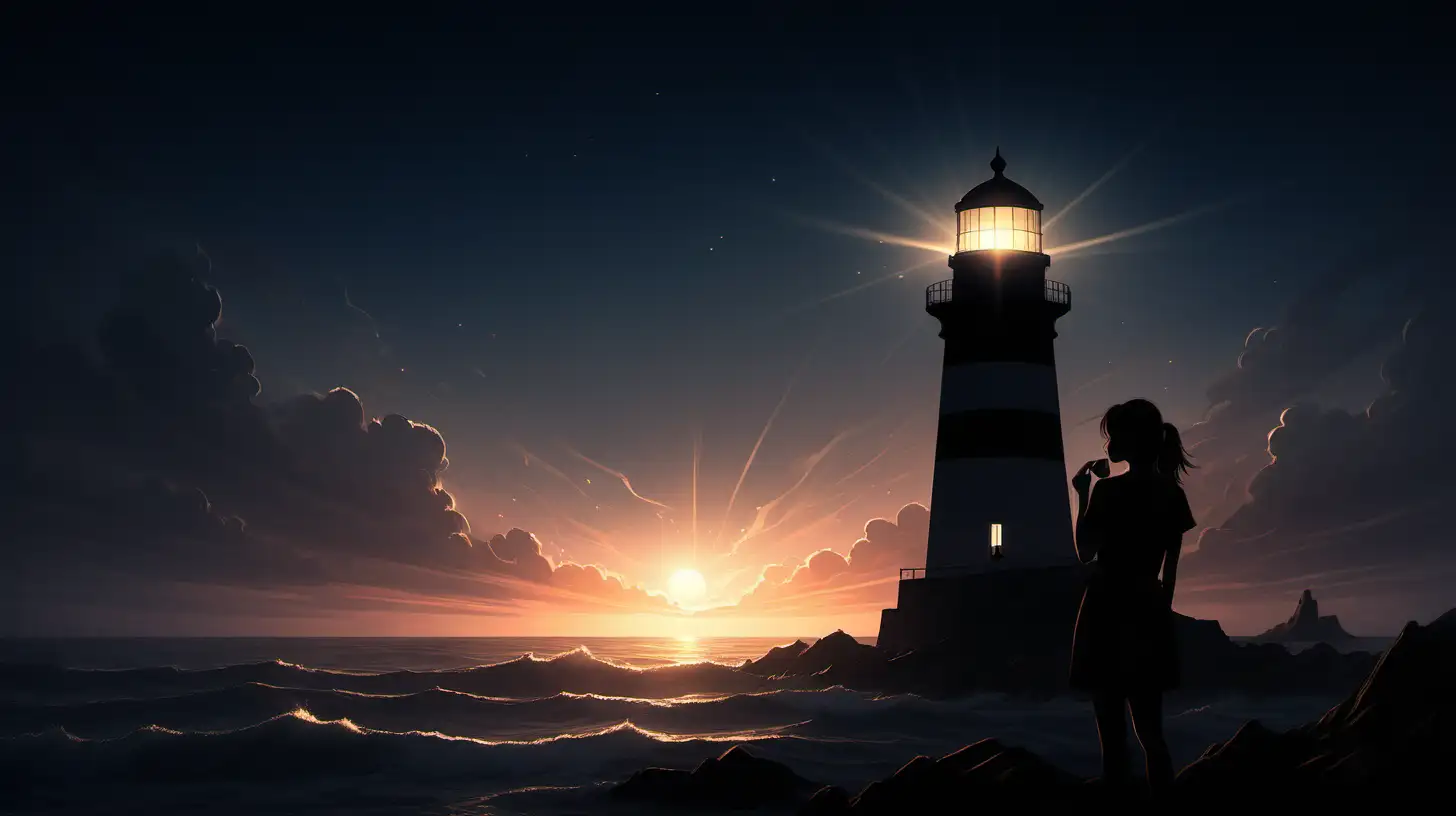 /imagine prompt: A lighthouse at dusk, its usual light replaced by a soft, heart-shaped radiance. Below, a silhouette of a person stands, hand on heart, gazing up, listening to the silent message being broadcast. The scene reflects the inner journey of understanding through feeling rather than hearing. Created Using: dusk light, silhouette, heart-shaped beacon, inner journey theme, high definition --ar 3:4 --v 6.0

