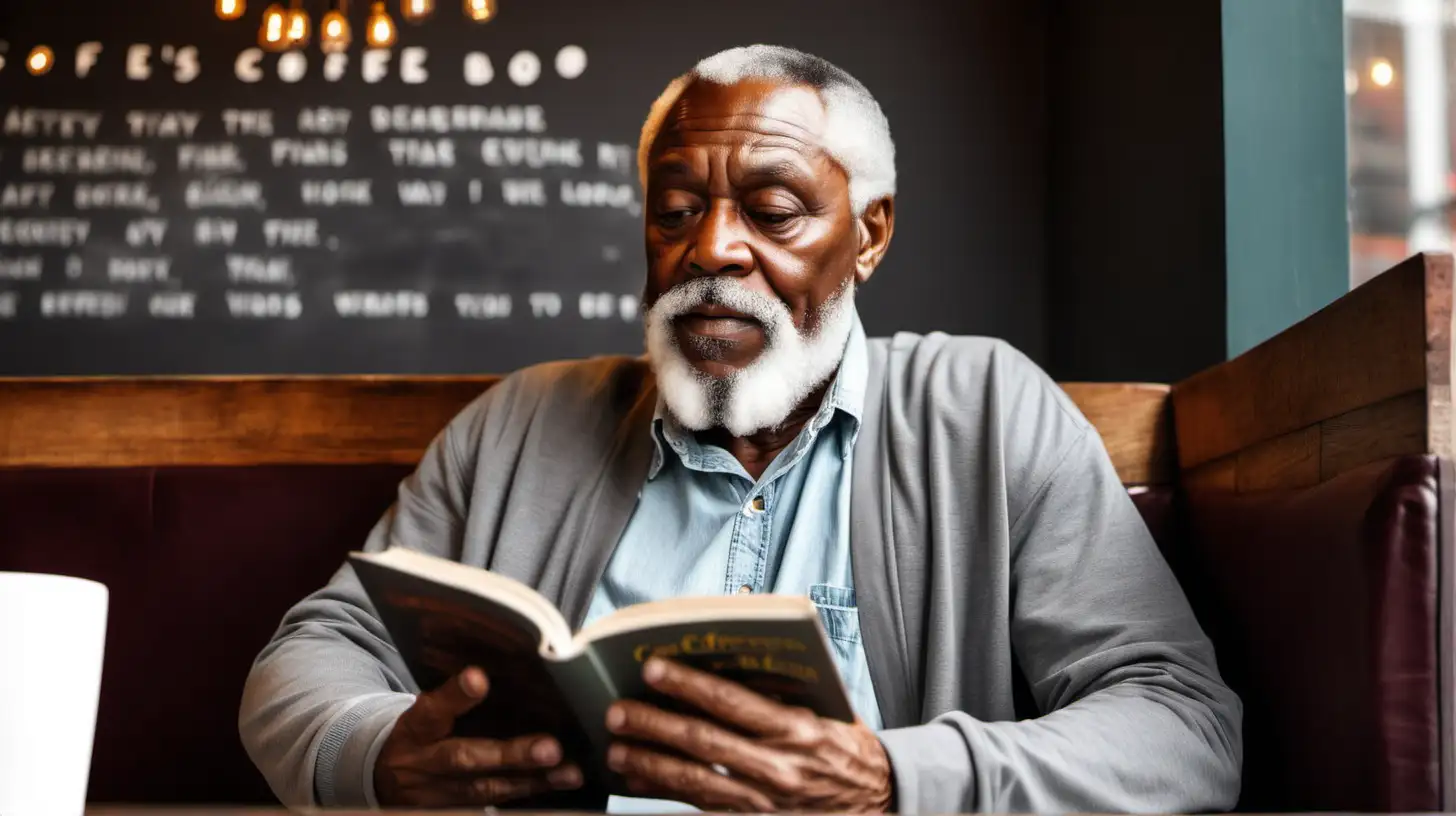 Tranquil Elderly African American Man Immersed in Reading at Cozy Coffee Shop