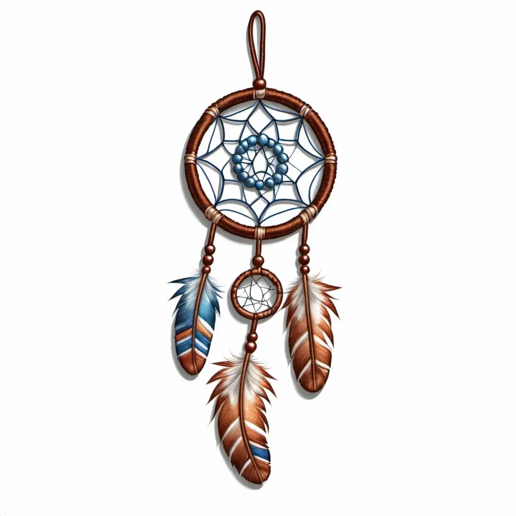 Bird feather in the form of an amulet, dream catcher embroidery. On a white background.