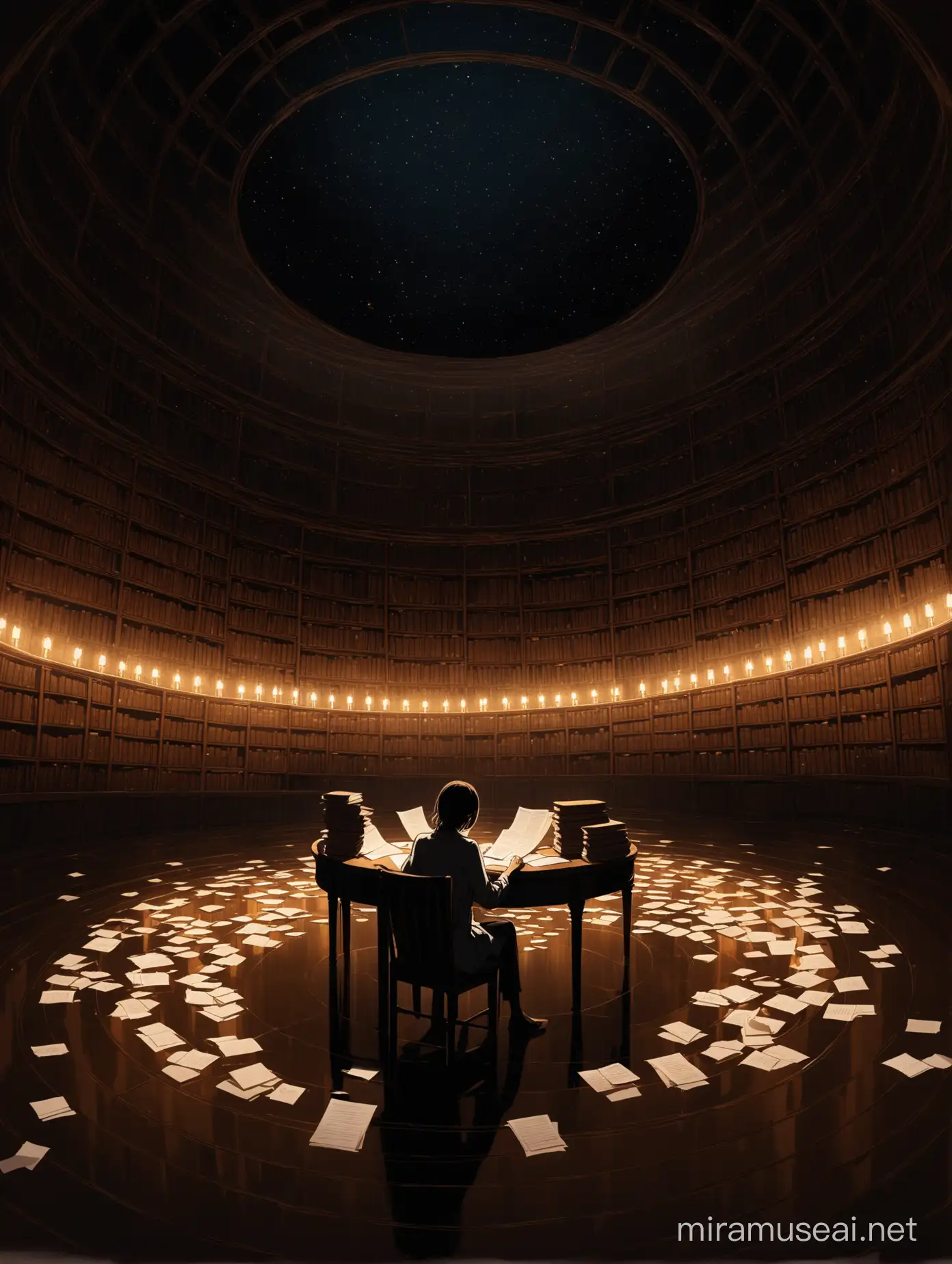  a person sitting alone in the center of a dimly lit circle room, surrounded by books and papers, on the walls there are mirrors reflecting the person