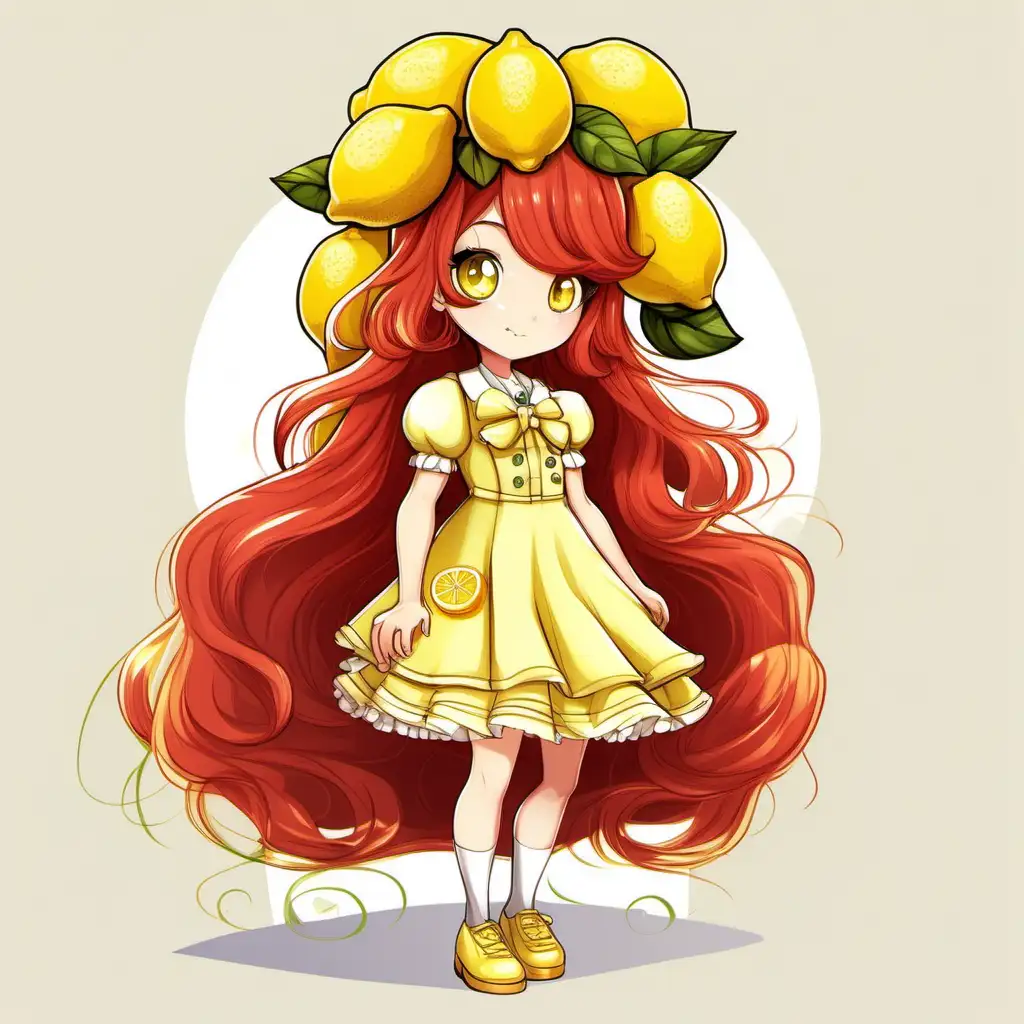 Lemon shortcake teen girl with bonnet decorated with lemons
, lemon dress, long red hair ,brown eyes,cartoon style, full body view,white background