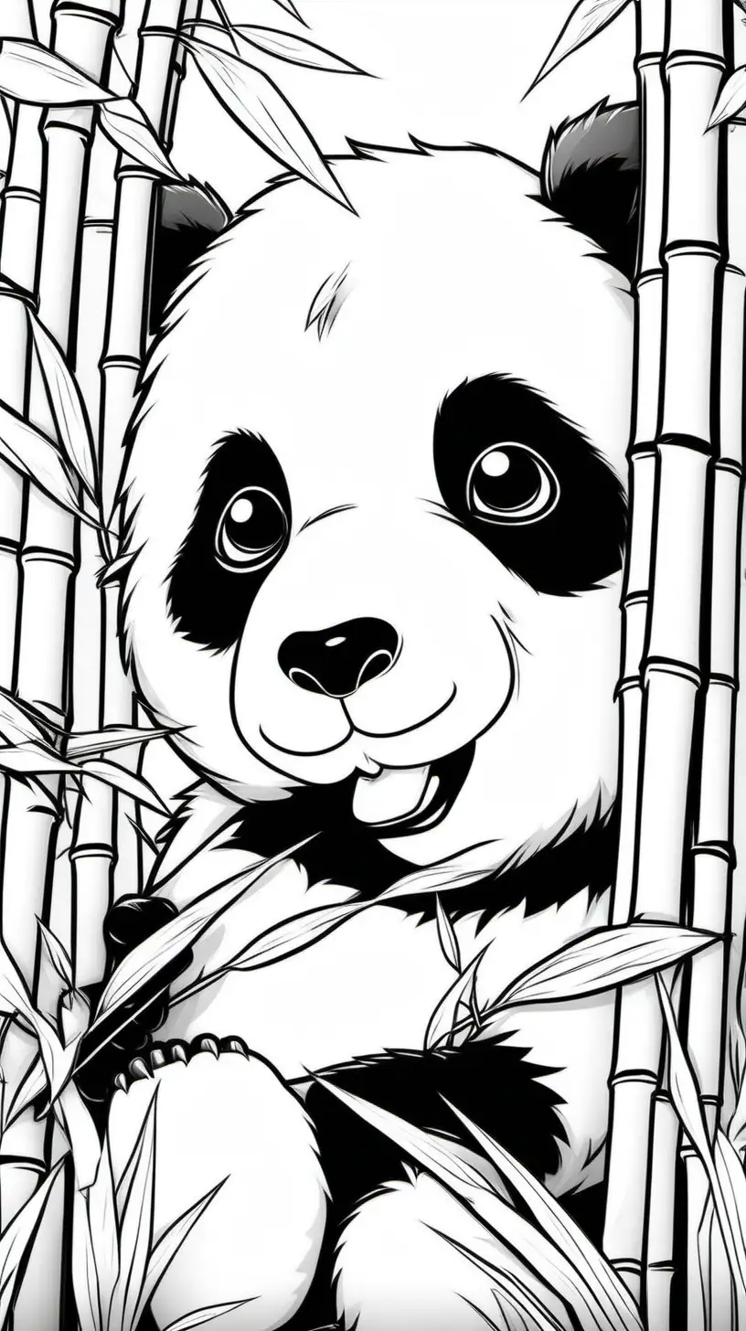 Coloring book, cartoon drawing, clean black and white, single line, in center of aspect ratio 9:16, white background, cute panda cub sitting in a bamboo forest