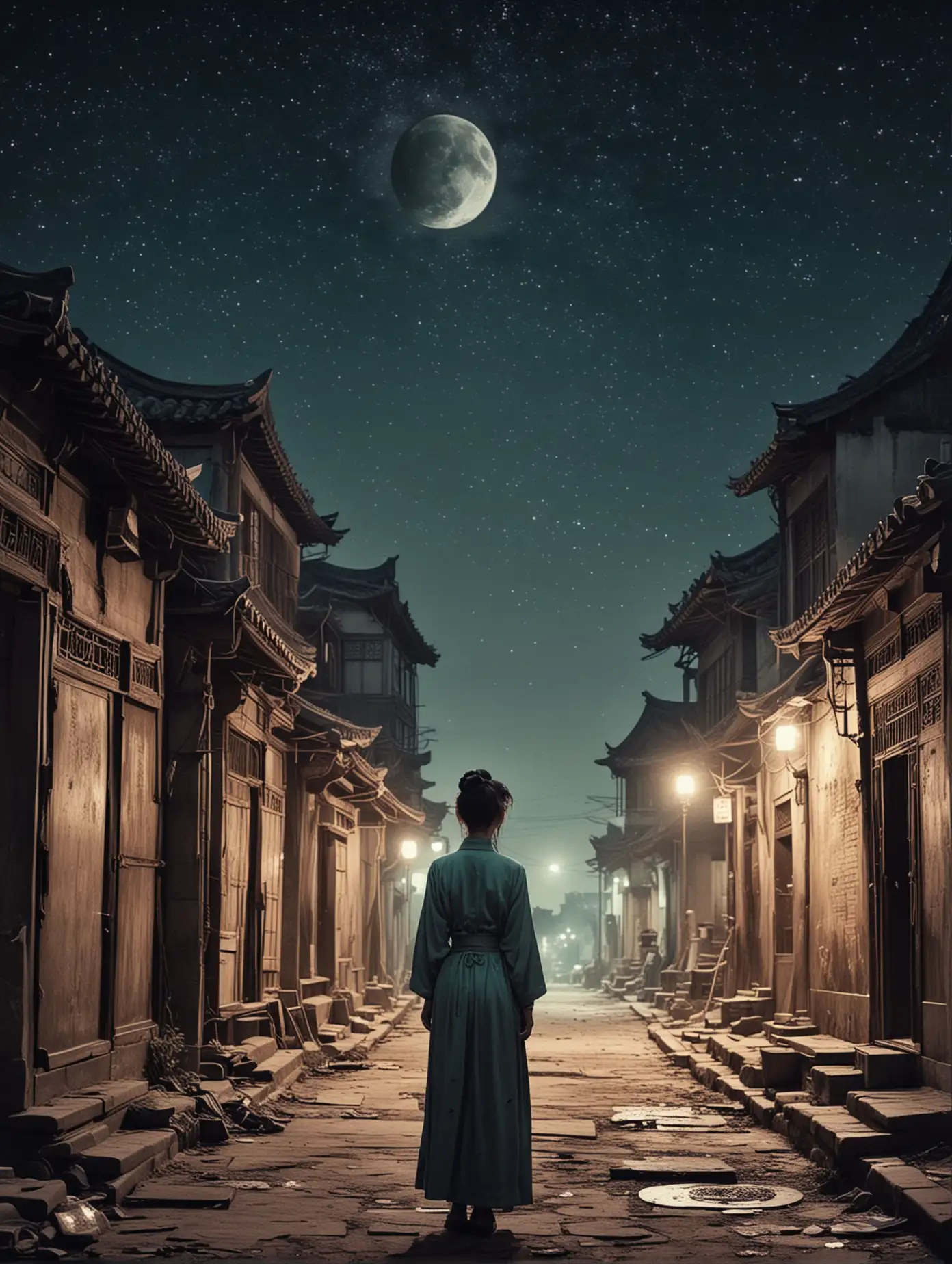 [An old photo from the Qing Dynasty, with 17-year-old Lin Qingxia on the dilapidated street.] dreamy lo-fi photography adds a whimsical touch, high contrast and saturation, while vibrant colors and the presence of scribbles evokes a sense of mystery. The moon and stars in the background illuminate the scene, creating a truly enchanting image. Emphasis on mixed media collage