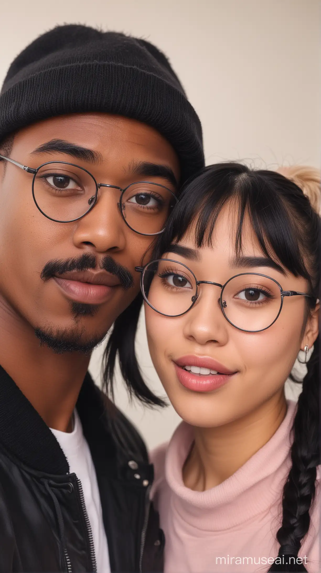 A young interracial couple consisting of a young 24 year old black male with a 9 o'clock shave and prominent mustaches and side burns, round glasses and a beanie, with his half Asian half white Korean girlfriend and lover with a short black ponytails and bangs, lilac lips as they pose lovingly together embracing each other and facing the camera for an Instagram post, attractive couple