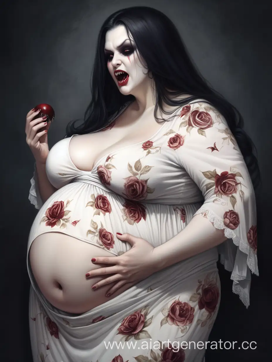 Красивая женщина ,похожая немного на вампиршу, в обтягивающем её большое, наеденное пузо, в белом в цветочек платье. Она довольно поглаживает своё большое пузо и надсмехается над останками сожратых ею младенцев. 