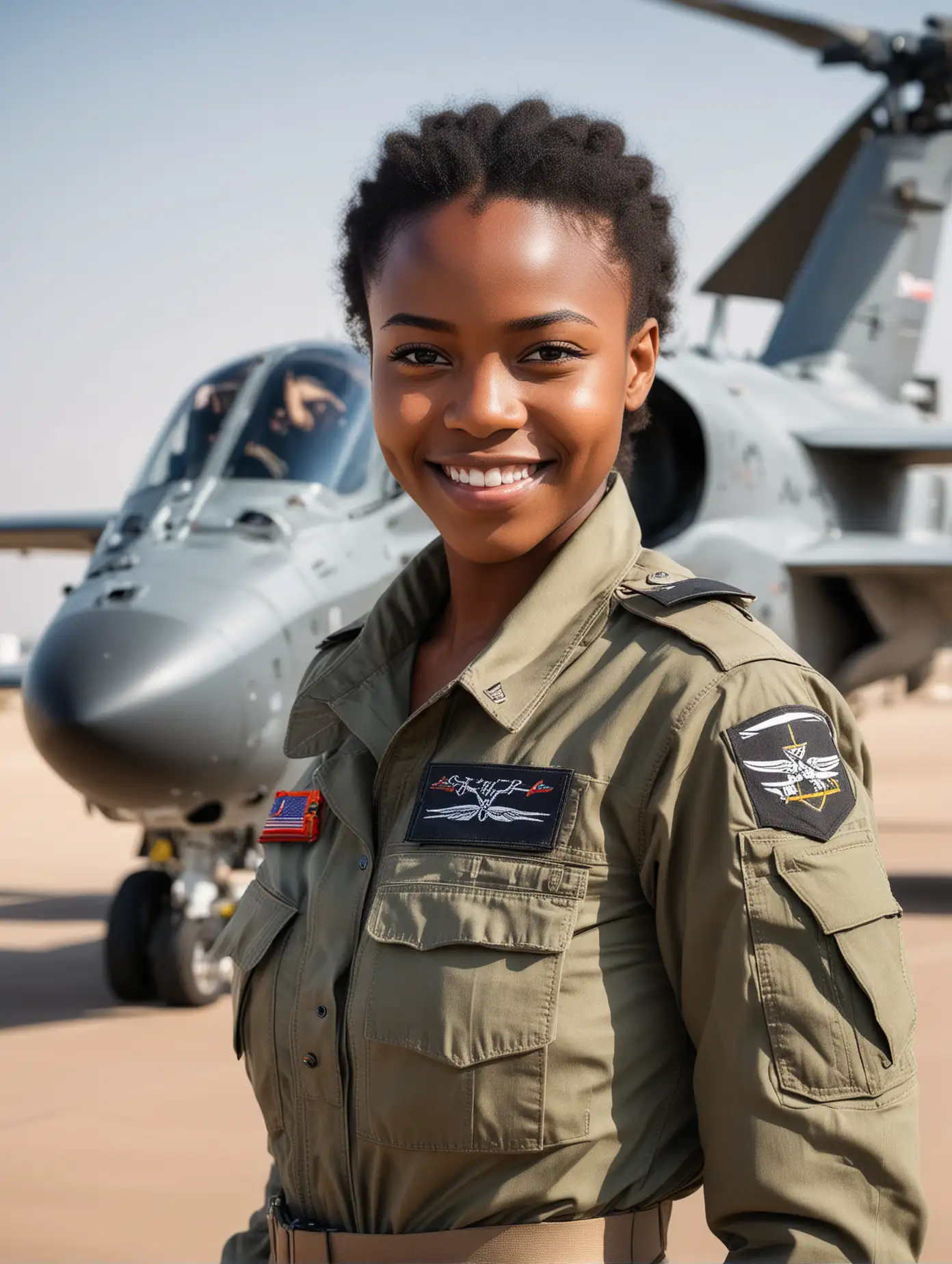 Smiling African Girl in Military Uniform with Apache Helicopter and F22 Fighter Plane Background