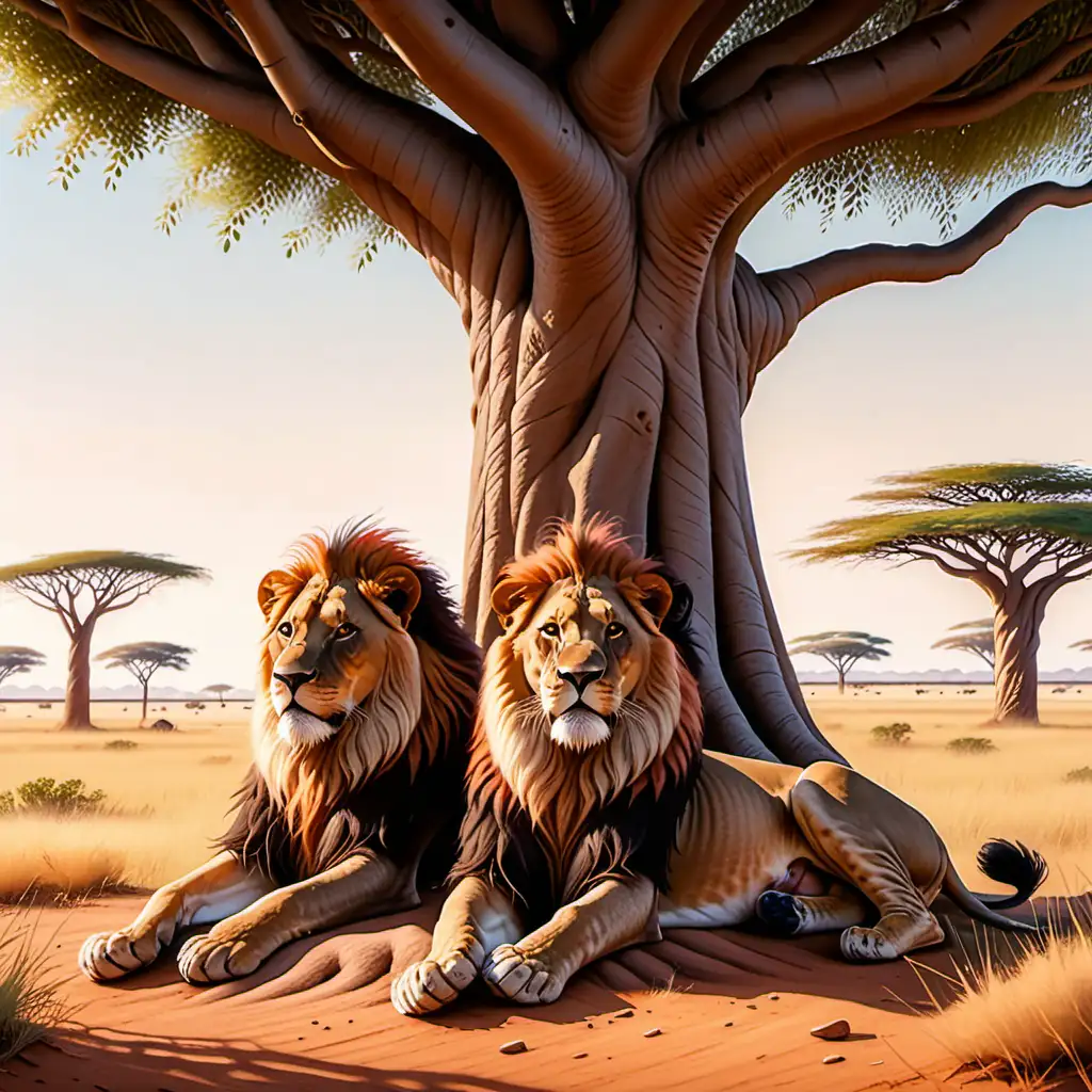 kawaii stil, Illustration, afrika,  
 Titel: Die königlichen Löwen

Illustration: Majestätische Löwen ruhen unter einem schattigen Baum in der weiten Savanne Afrikas. Ihre imposanten Mähnen flattern sanft im Wind.
