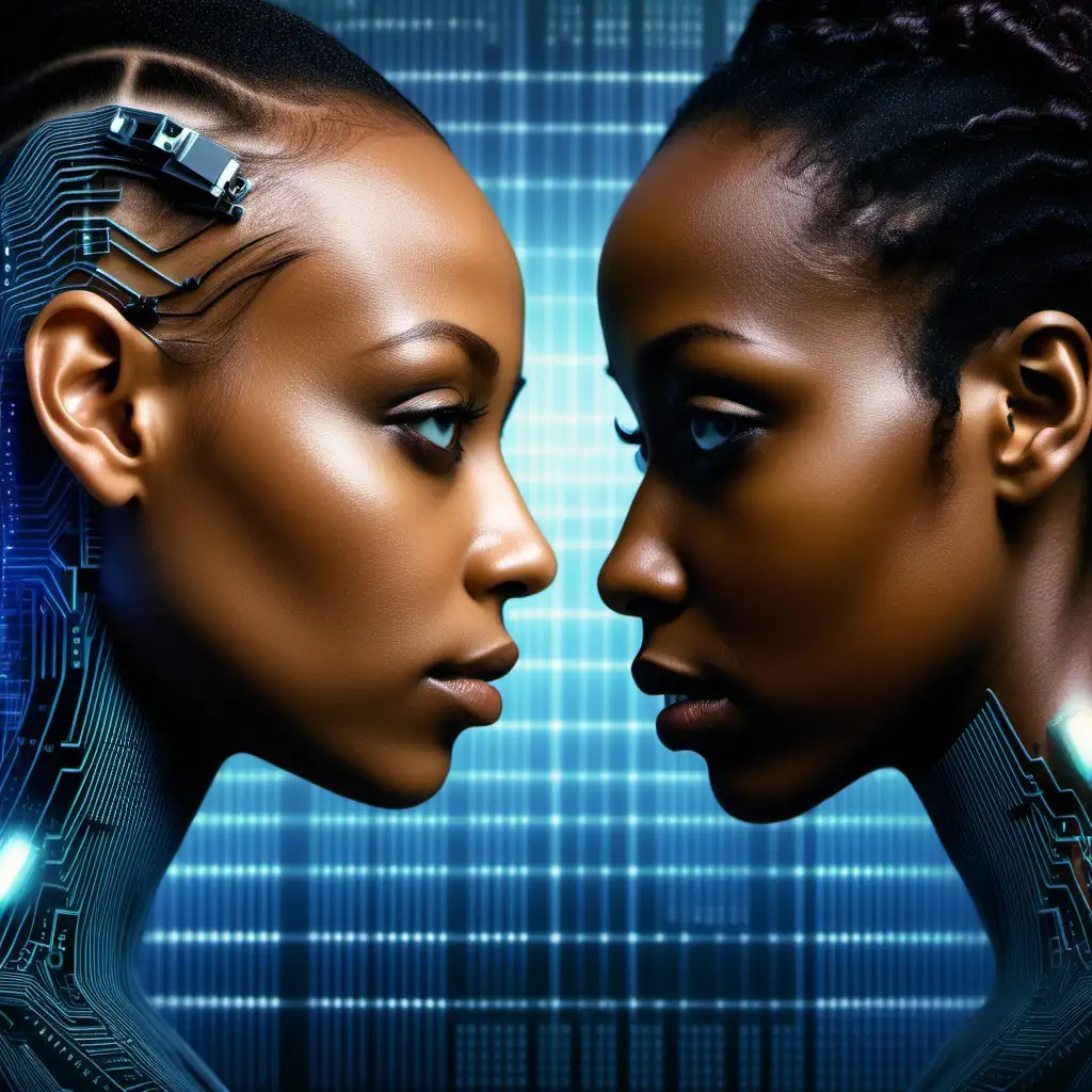 For a movie poster, generate a photographic image of two 25-year-old black women looking face to face with a deep fake A.I. image of themselves against a computer matrix background. make it cinematic and dangerous.