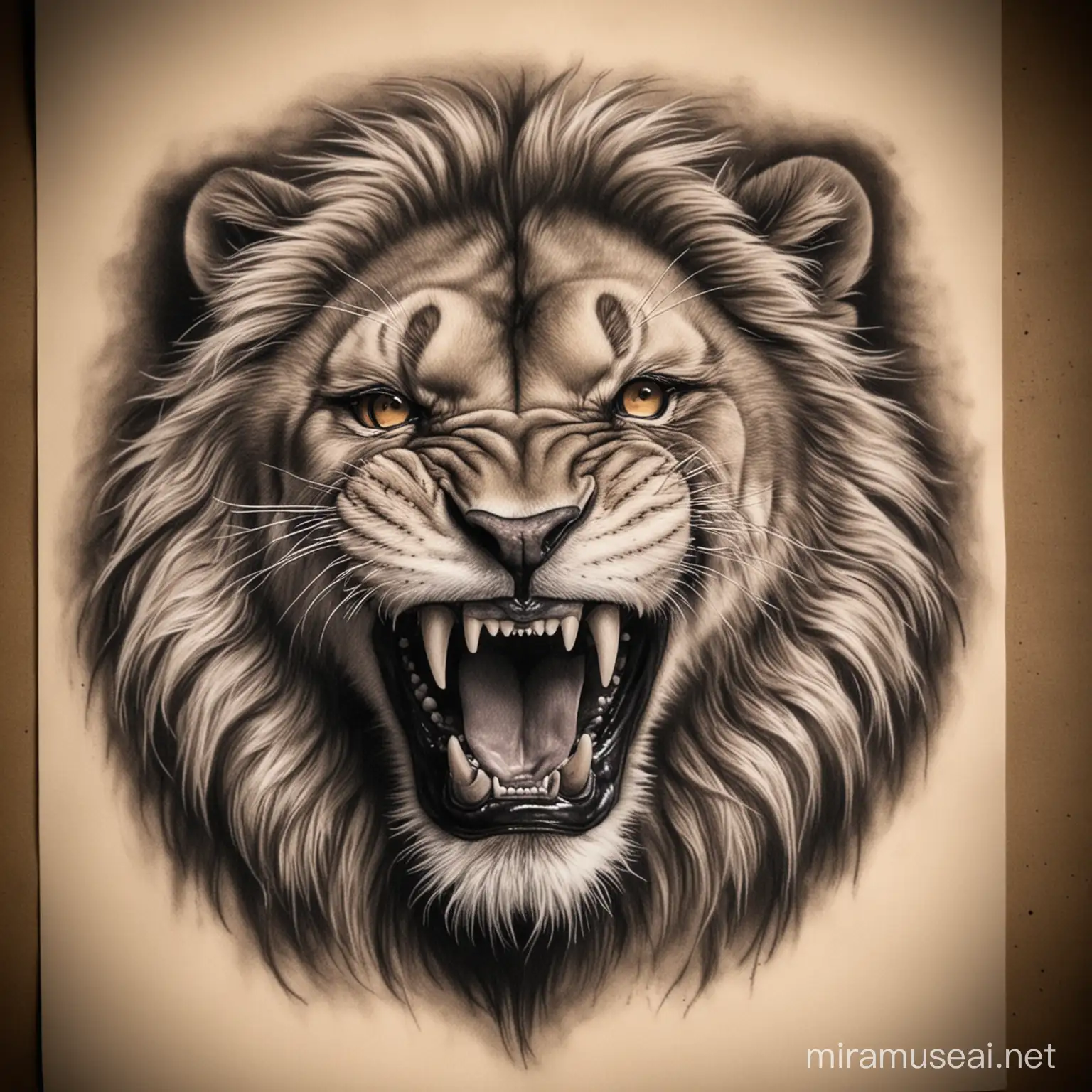 realistic open mouth lion with realistic evil eyes with realistic fur
 tattoo stencil