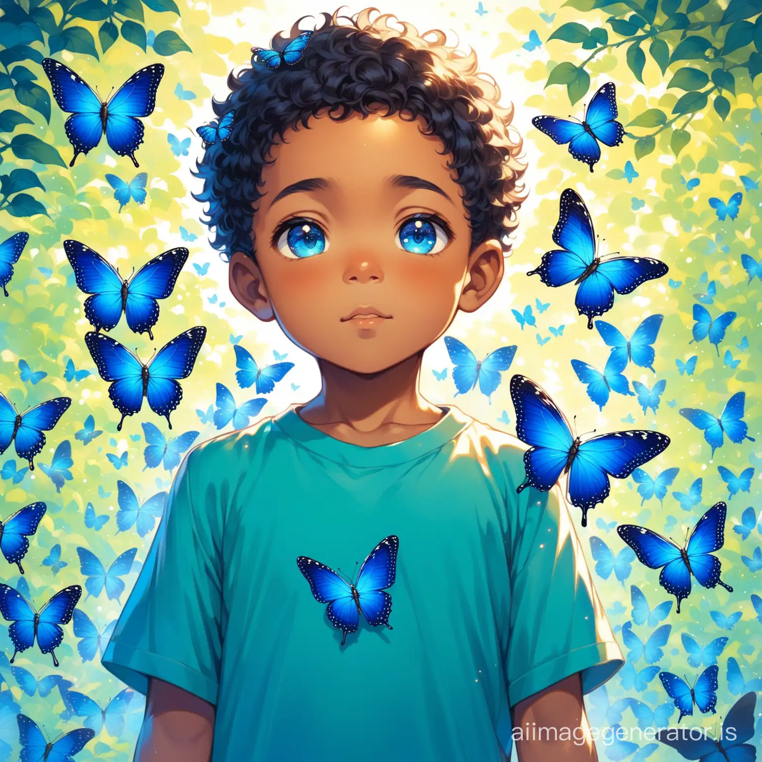 un garçon enfant metisse qui est avec des millions de papillons bleux