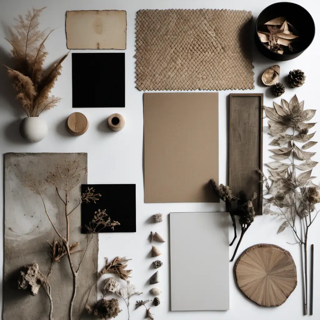 /imagine a mood board for an interior design project with natural accents -(chaos)


